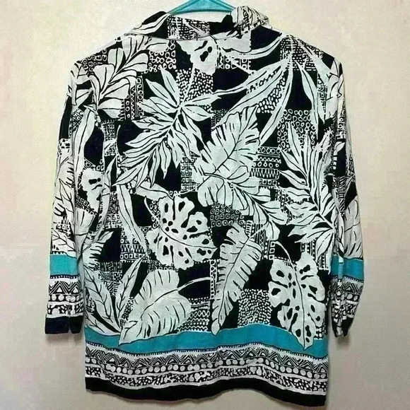 Alfred Dunner 8P Button Up Shirt Leaf Print Black, White, Teal Trim Long Sleeve - Picture 2 of 3